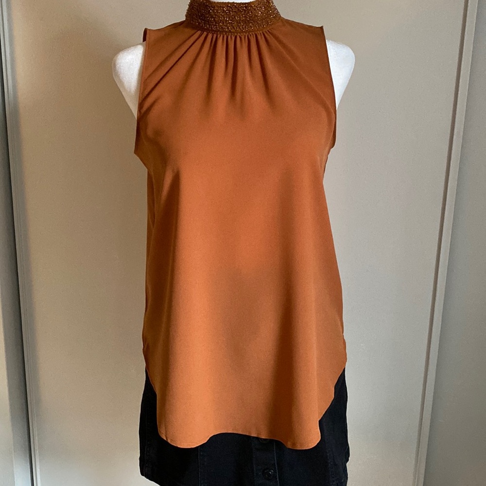 Banana Republic Women’s Petite XS Sleeveless Beaded Collar Mock Neck Blouse